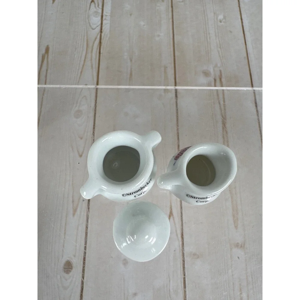 Vintage Strombecker Miniature Tea Set White Pink 7 Pc Ceramic‎ Barbie Dollhouse